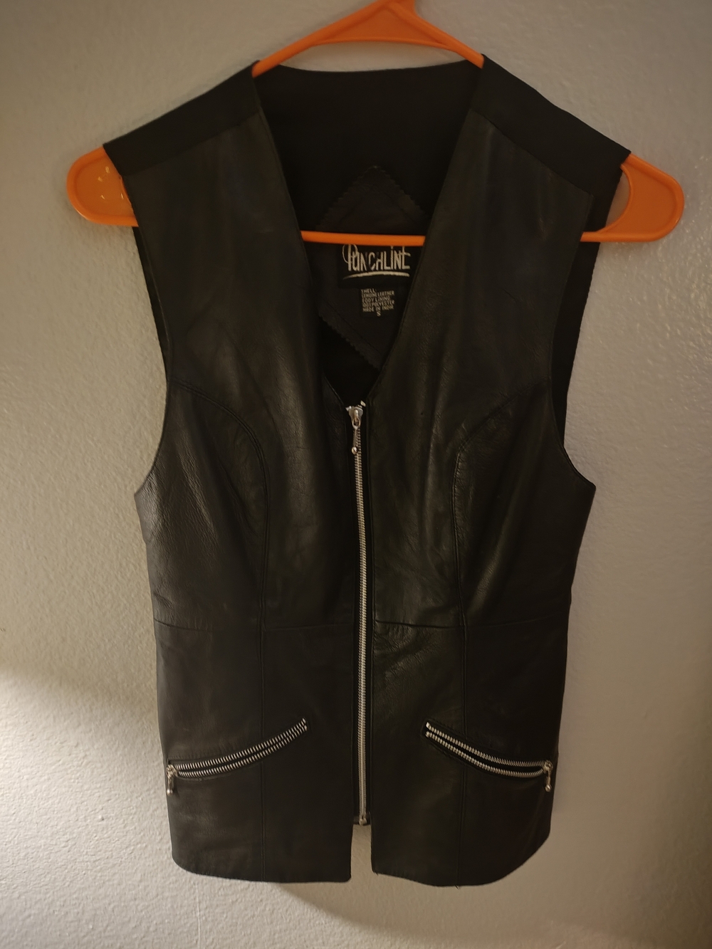 Punchline Black Leather Vest with Silver Hardware, Size Small, 25.5 Inches Long